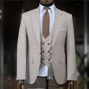 Beige 3-delig Pak met Double-Breasted Gilet