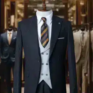 Antracietgrijs Pak met Krijtstreep, Vest en Stropdas
