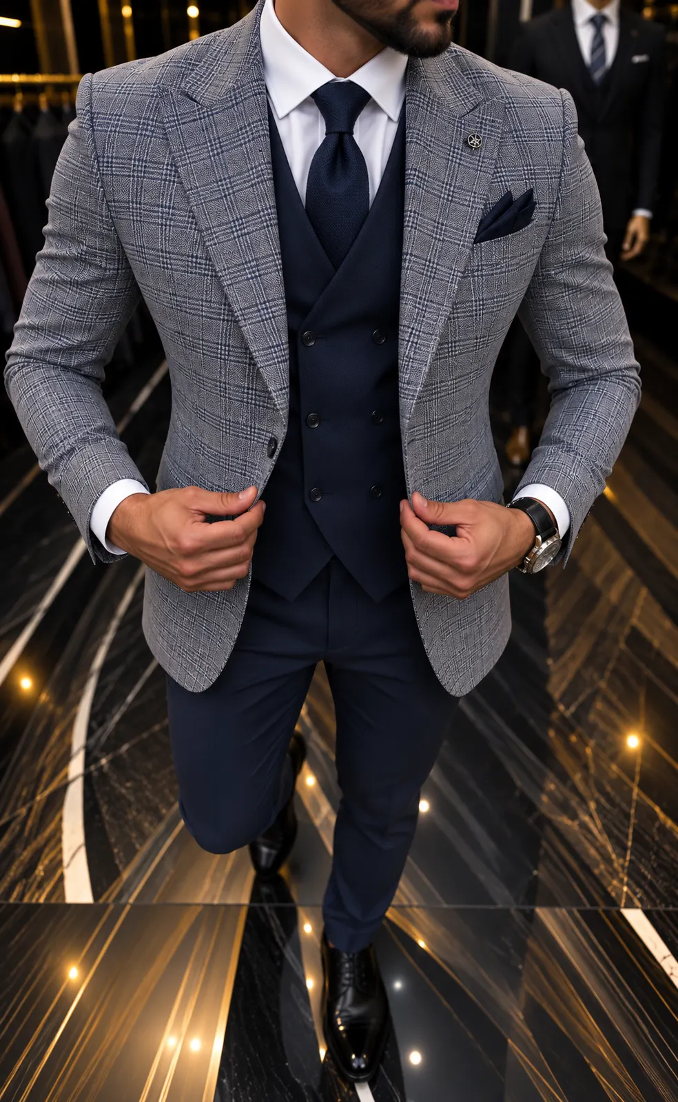 Heren 3-delig trouwpak met donkerblauwe pantalon en grijs geruit colbert