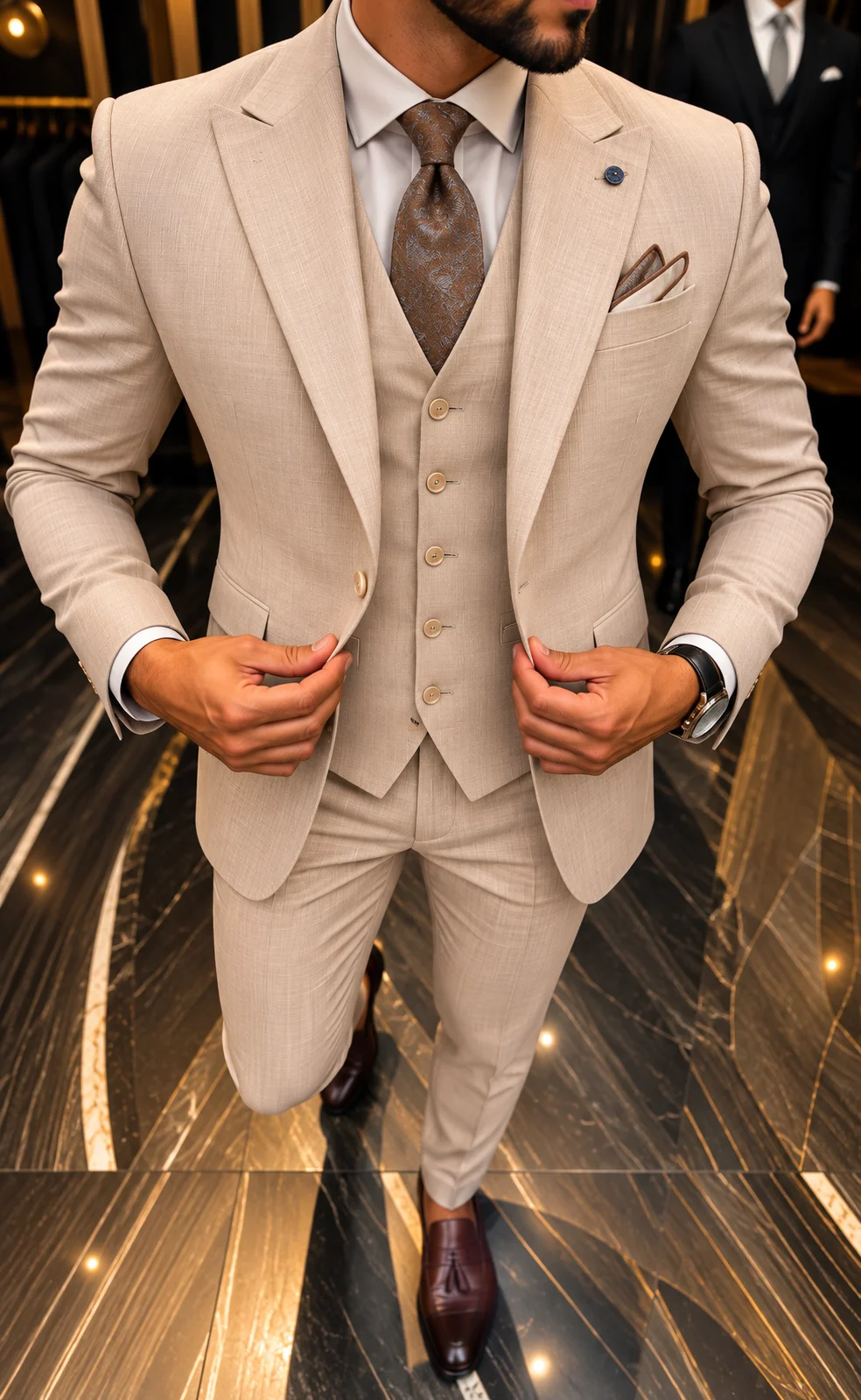 Heren 3-delig trouwpak in effen beige met gilet en pantalon