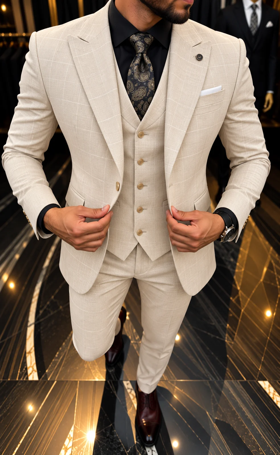 Heren 3-delig trouwpak in beige geruit met gilet en pantalon
