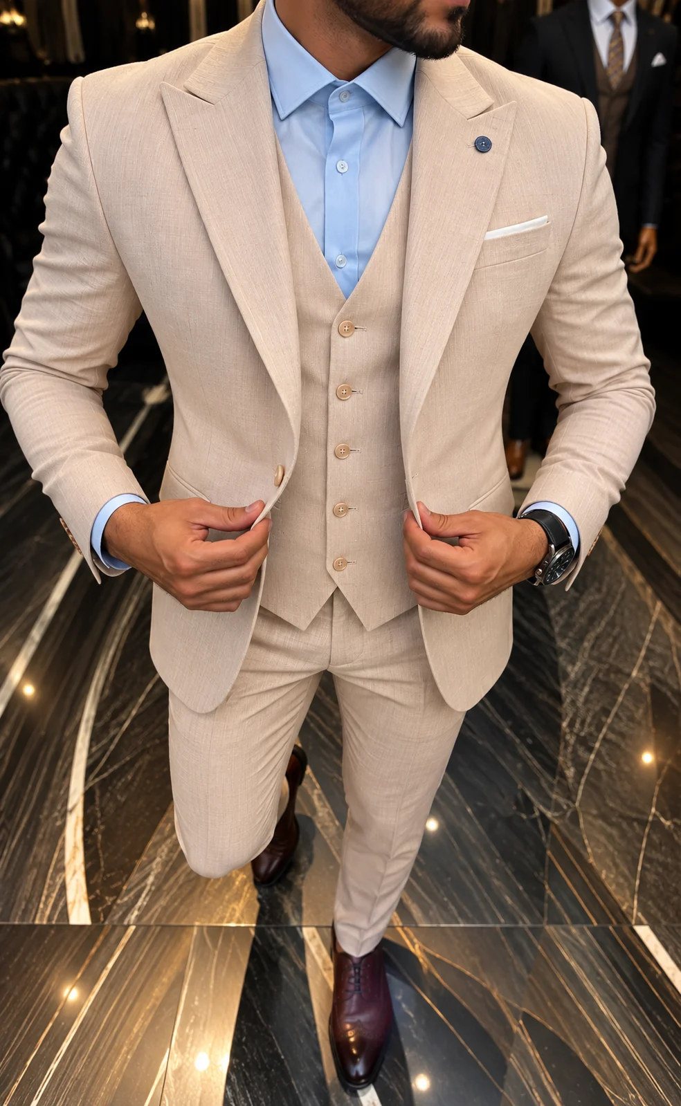 Heren 3-delig trouwpak in beige met gilet en pantalon