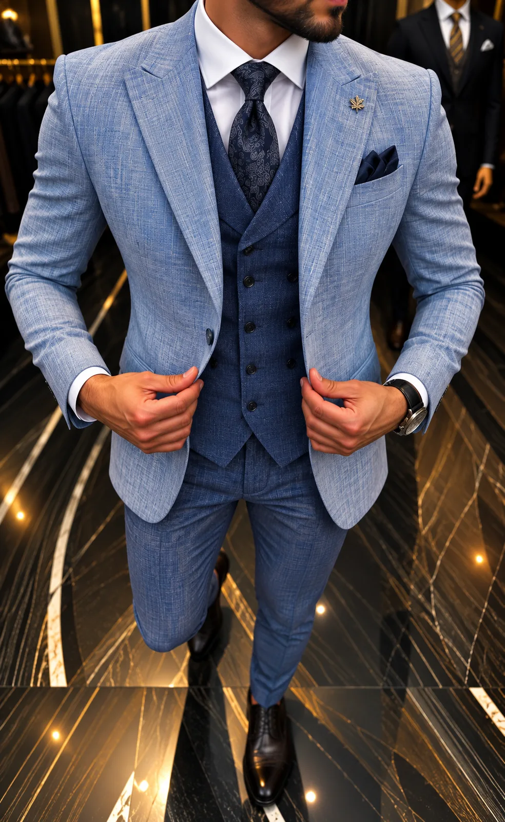 Heren 3-delig trouwpak met lichtblauw colbert en donkerblauw gilet