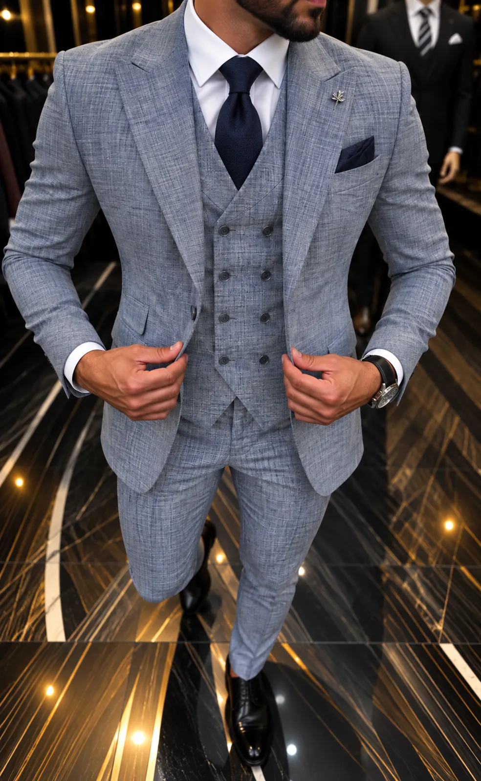 Heren 3-delig trouwpak in blauwgrijs gemêleerd met double-breasted gilet en pantalon