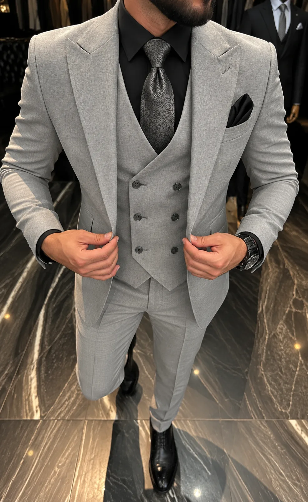 Heren 3-delig trouwpak in lichtgrijs met double-breasted gilet en pantalon