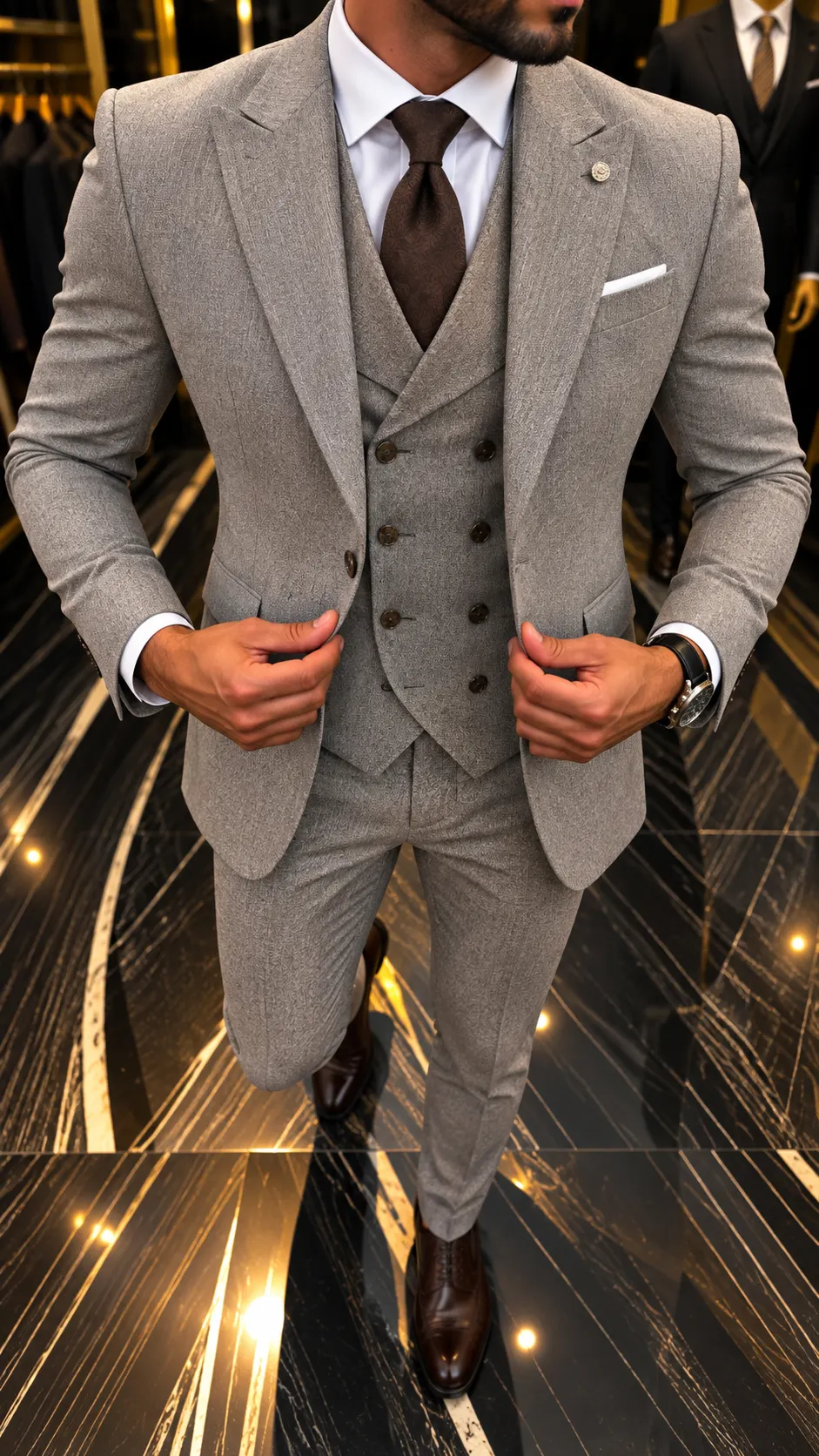 Heren 3-delig trouwpak in taupe met double-breasted gilet en pantalon