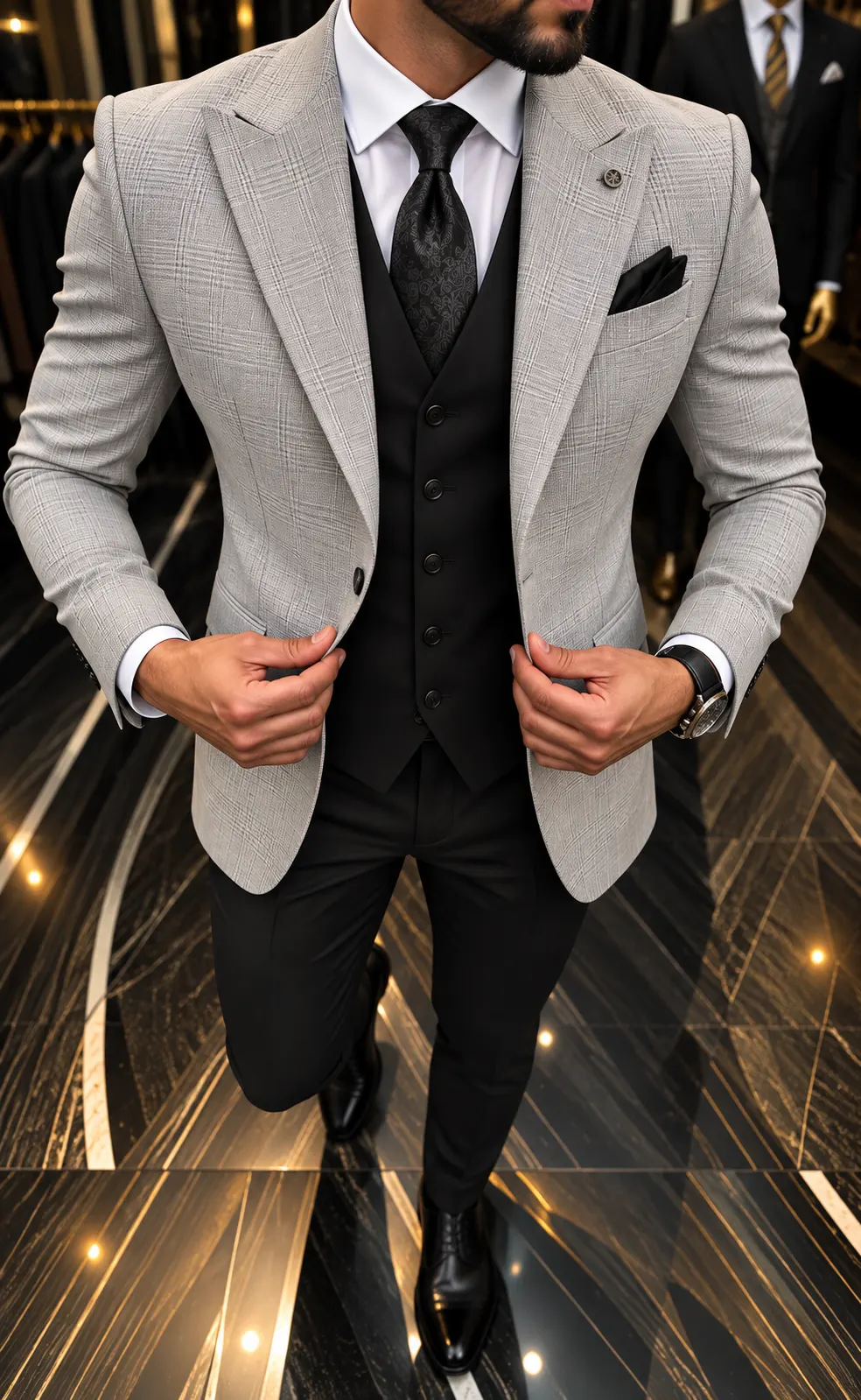 Heren 3-delig trouwpak met grijs geruit colbert, zwart gilet en zwarte pantalon