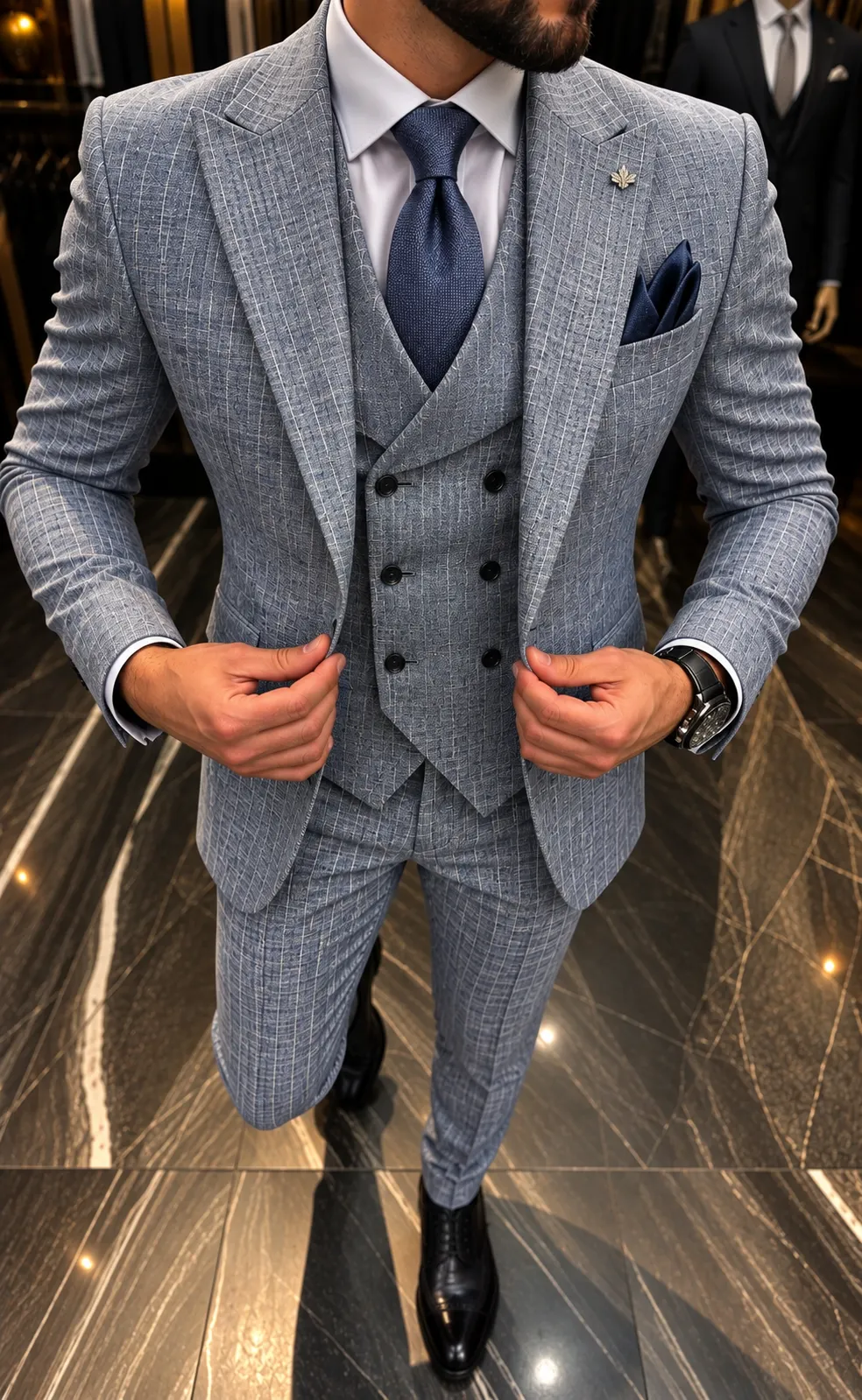 Heren 3-delig trouwpak in blauwgrijs geruit met double-breasted gilet en pantalon