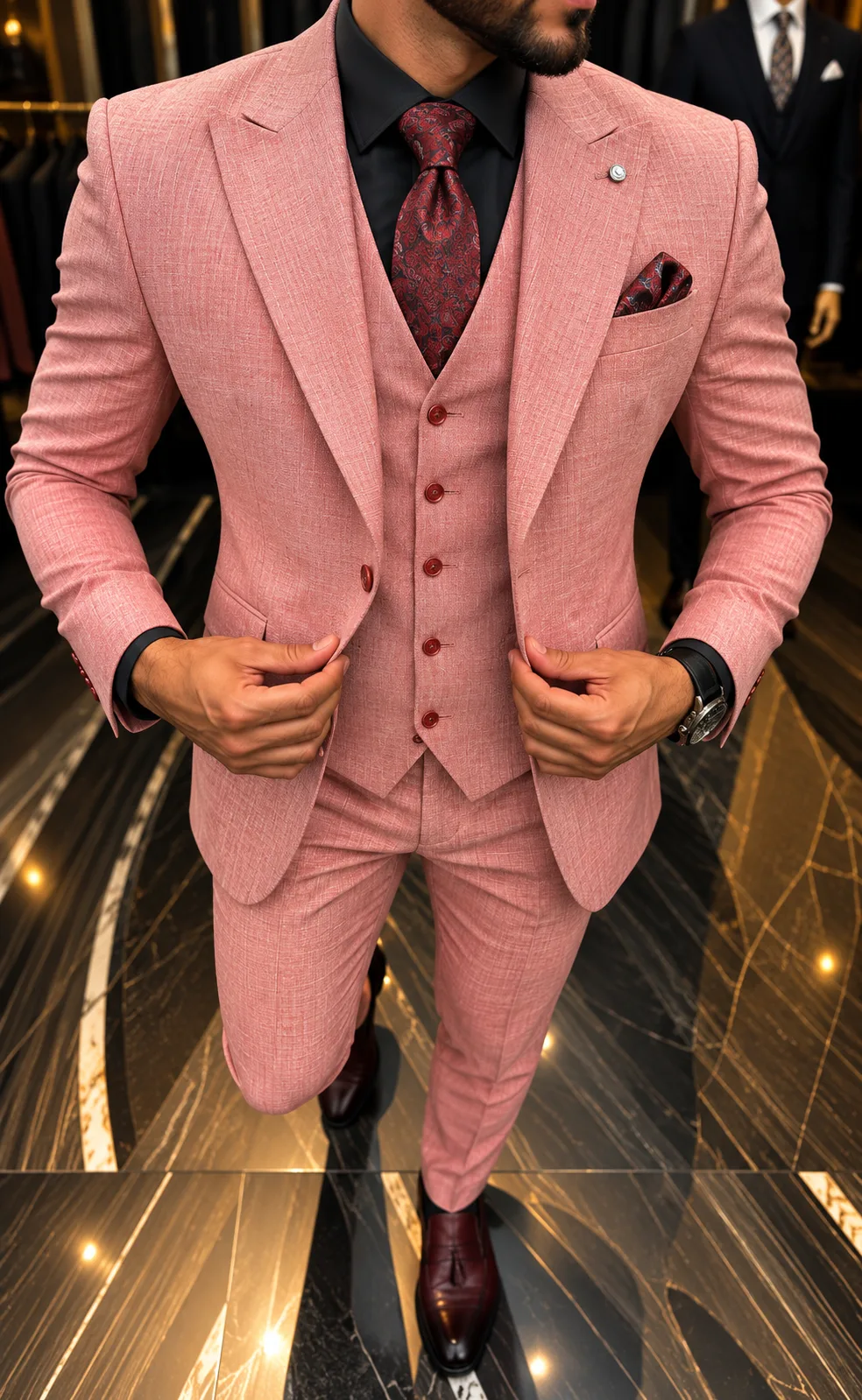 Heren 3-delig trouwpak in roze met gilet en pantalon